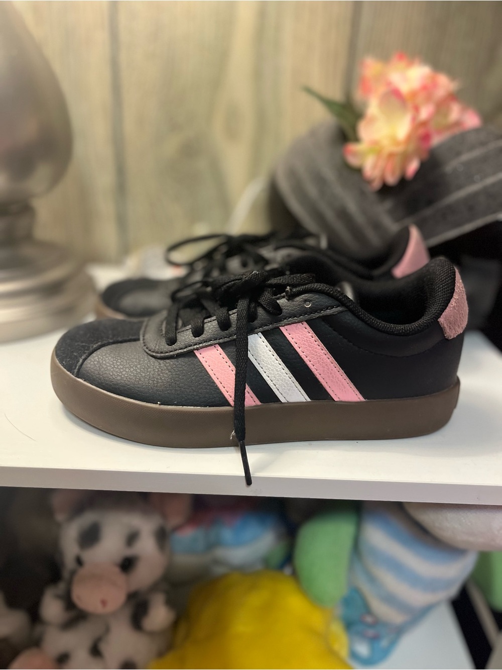 adidas Kids Black Sneakers with Pink & White Stripes - Picture 3 of 5